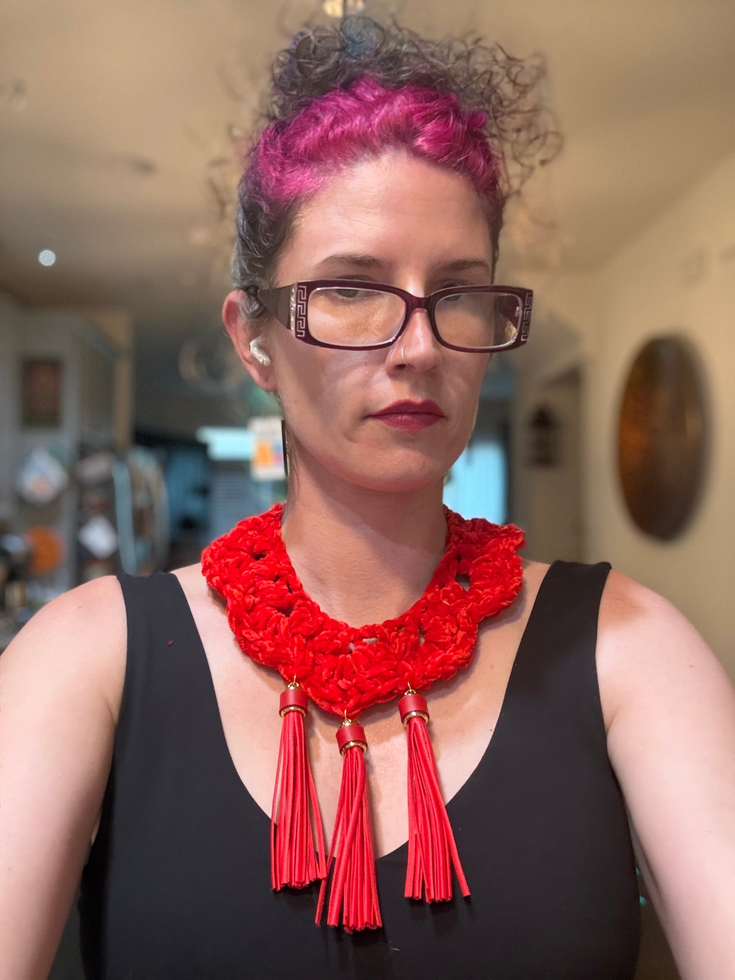 Fringe belief collar: red chenille and pleather tassels