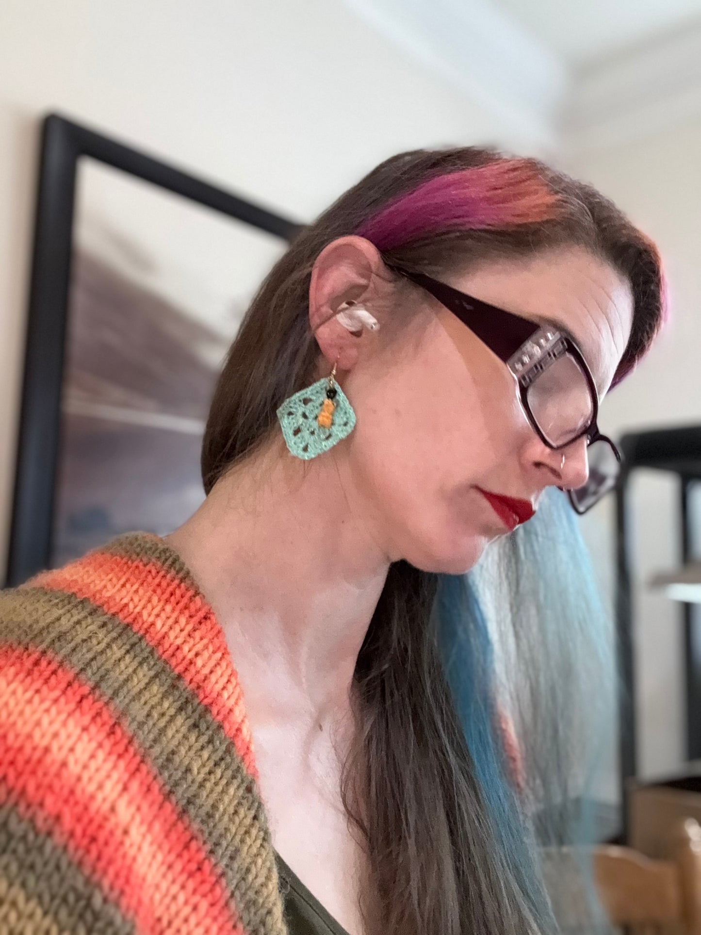 Not your granny square earrings—Guadalajara clay cat