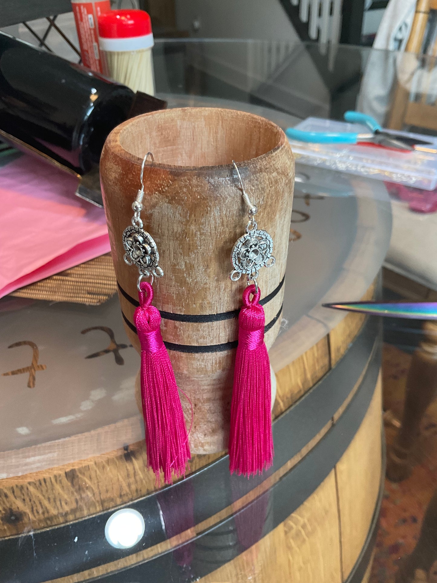Fringe belief earrings: Pinkish red