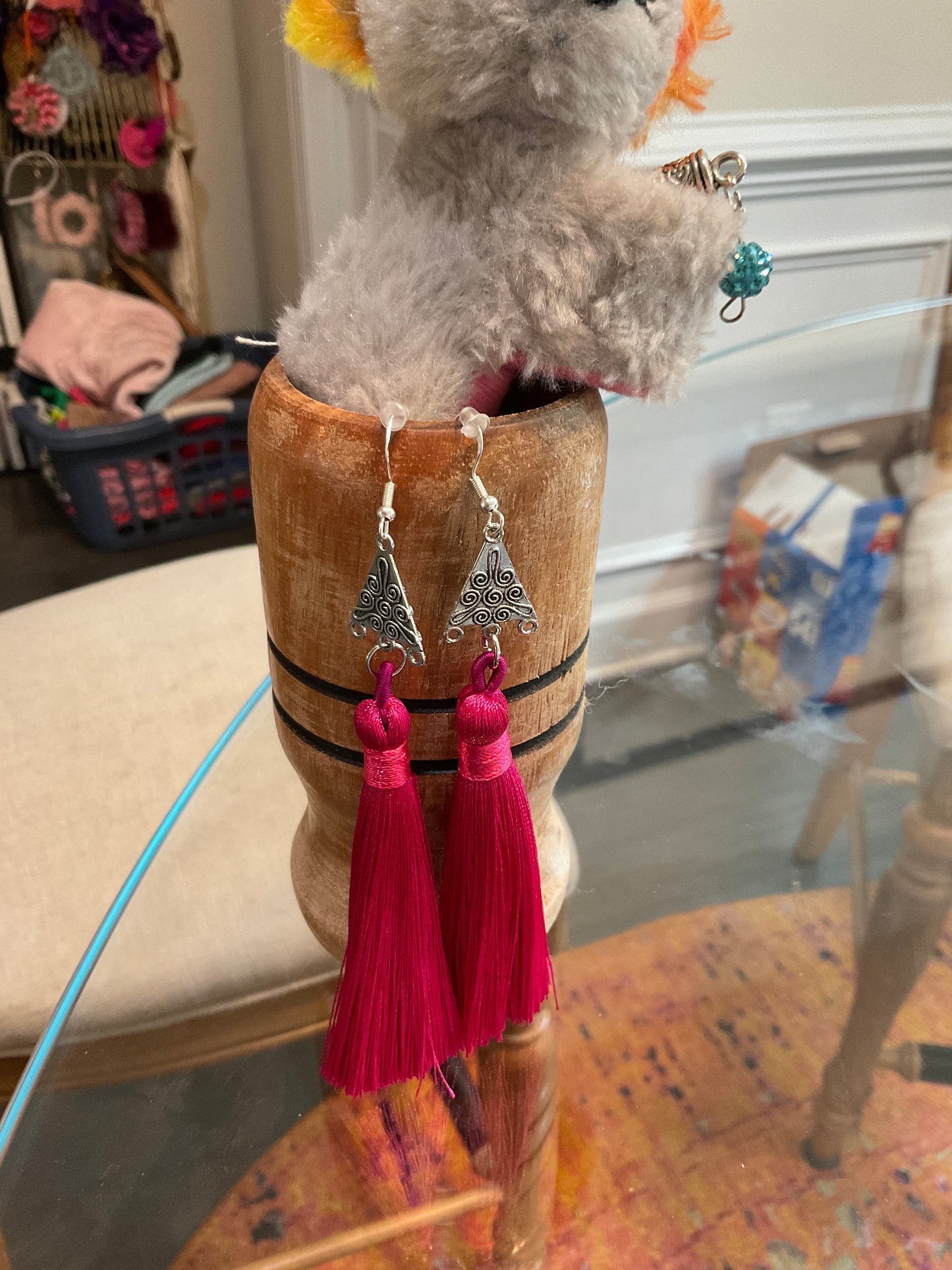 Fringe belief earrings—pink tassel tales
