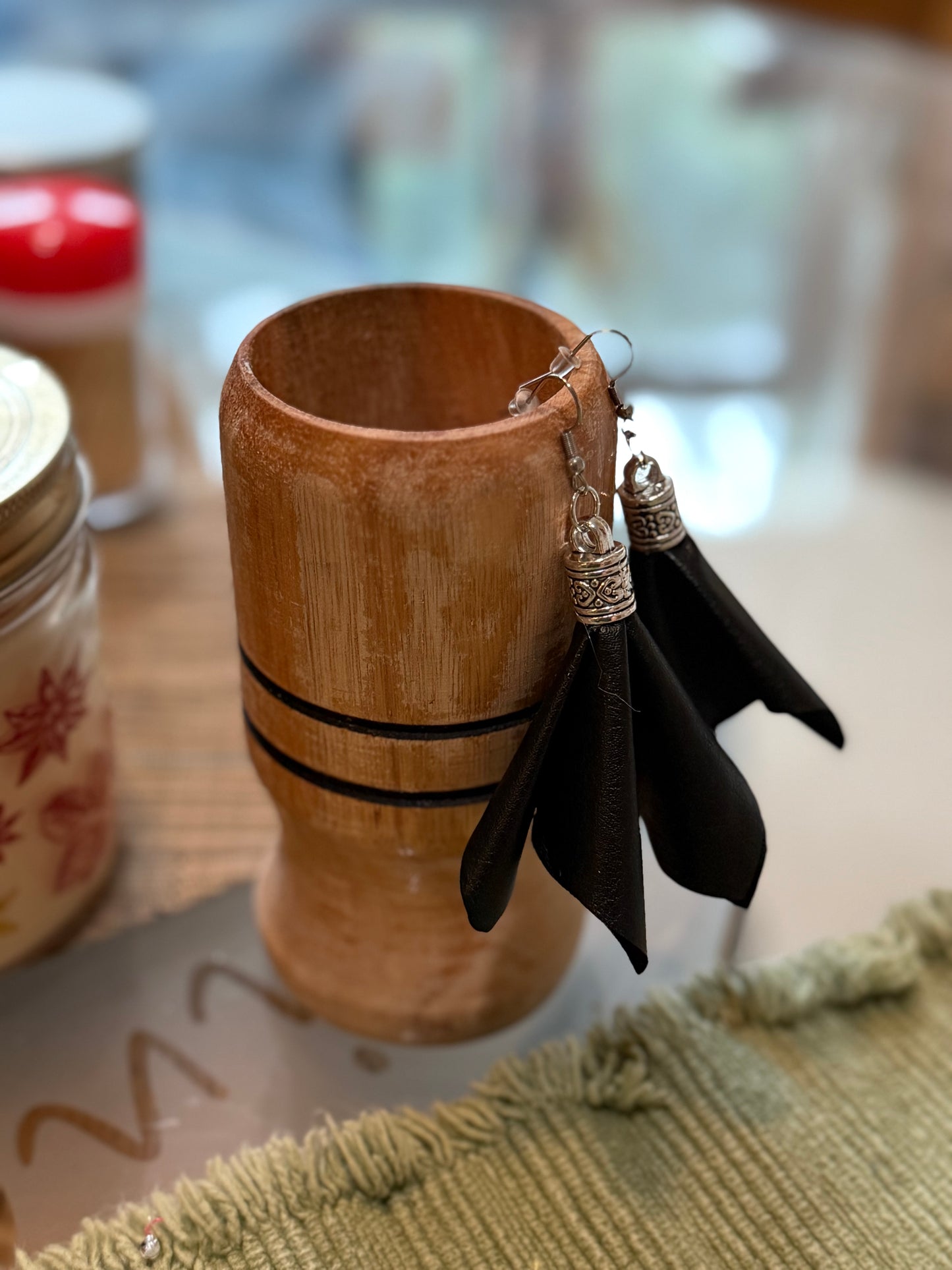 Fabric tassel earrings—black pleather tassels