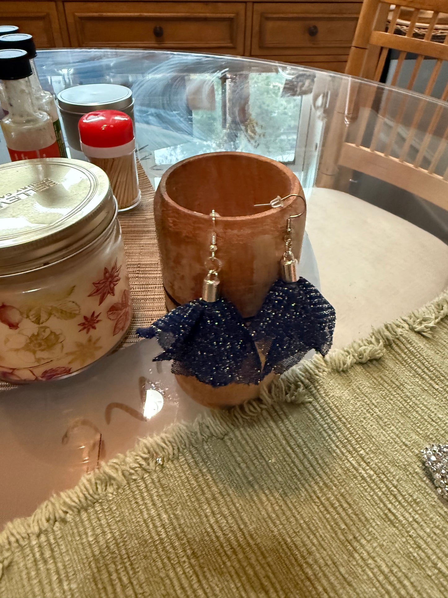 Fabric tassel earrings— blue sparkles sky