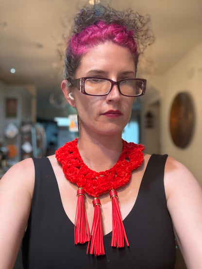 Fringe belief collar: red chenille and pleather tassels