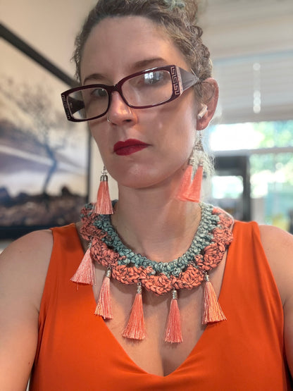 Fringe belief collar (18): Coral and Teal with earrings