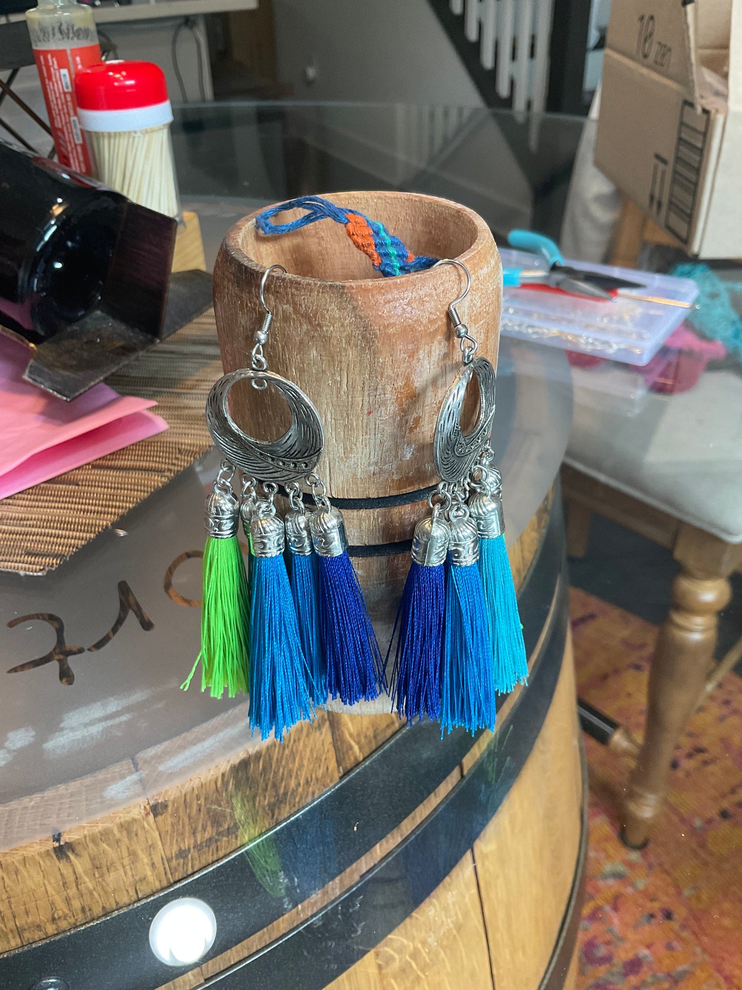 Metal Peacock with colorful fringe collar And matching earrings