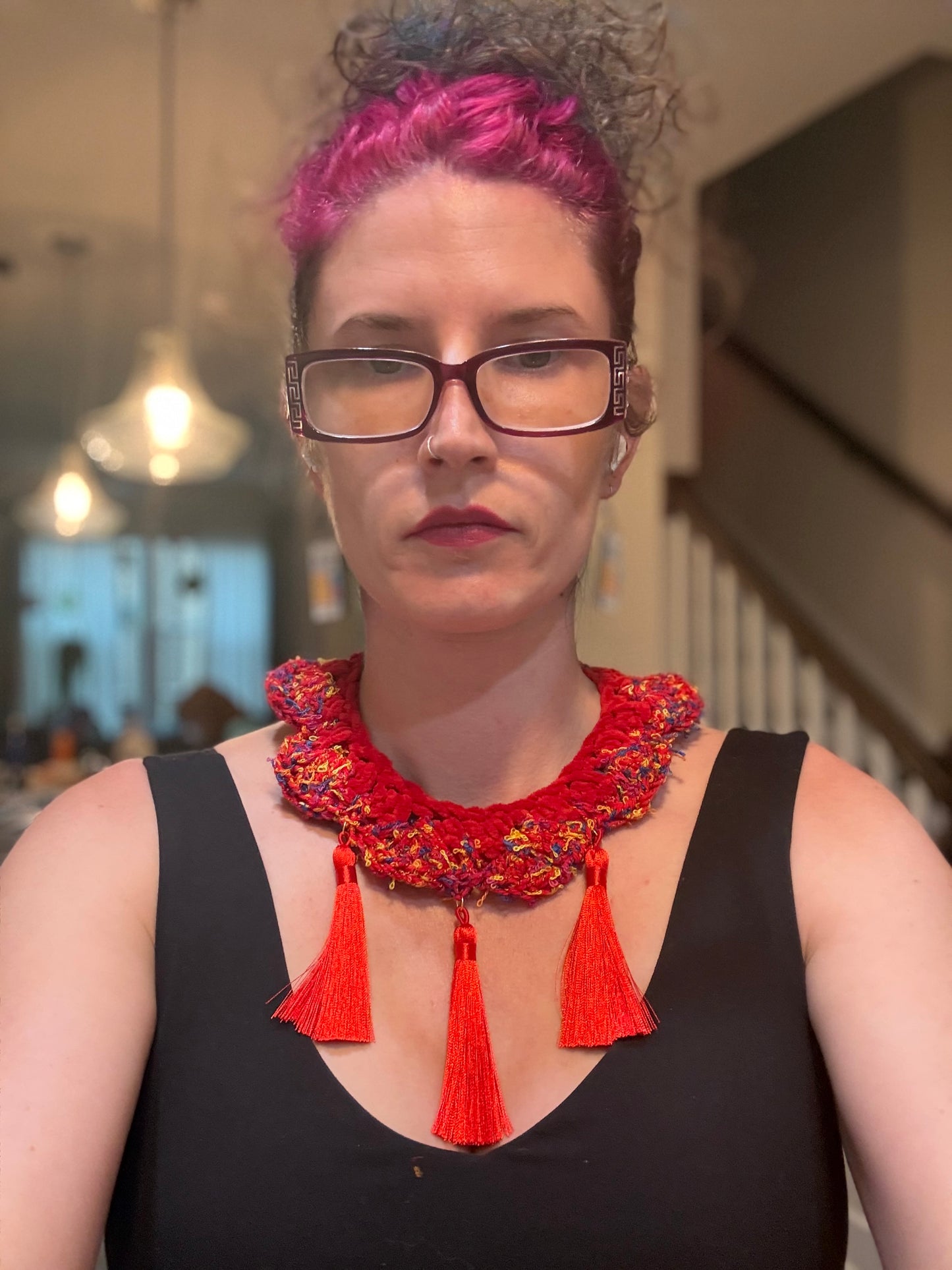 Fringe belief collar: red with pops of color
