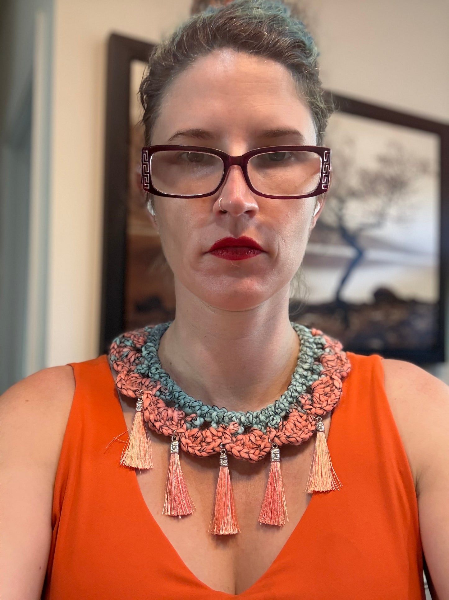 Fringe belief collar (18): Coral and Teal with earrings