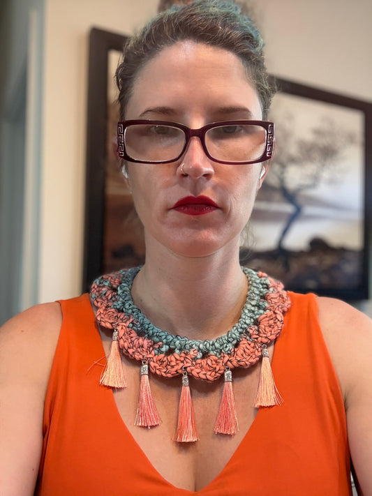 Fringe belief collar (18): Coral and Teal with earrings