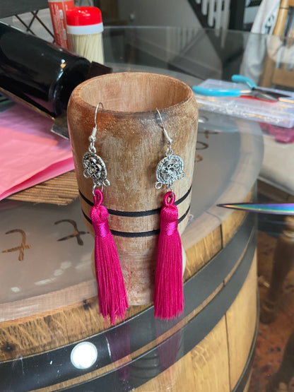 Fringe belief earrings: Pinkish red