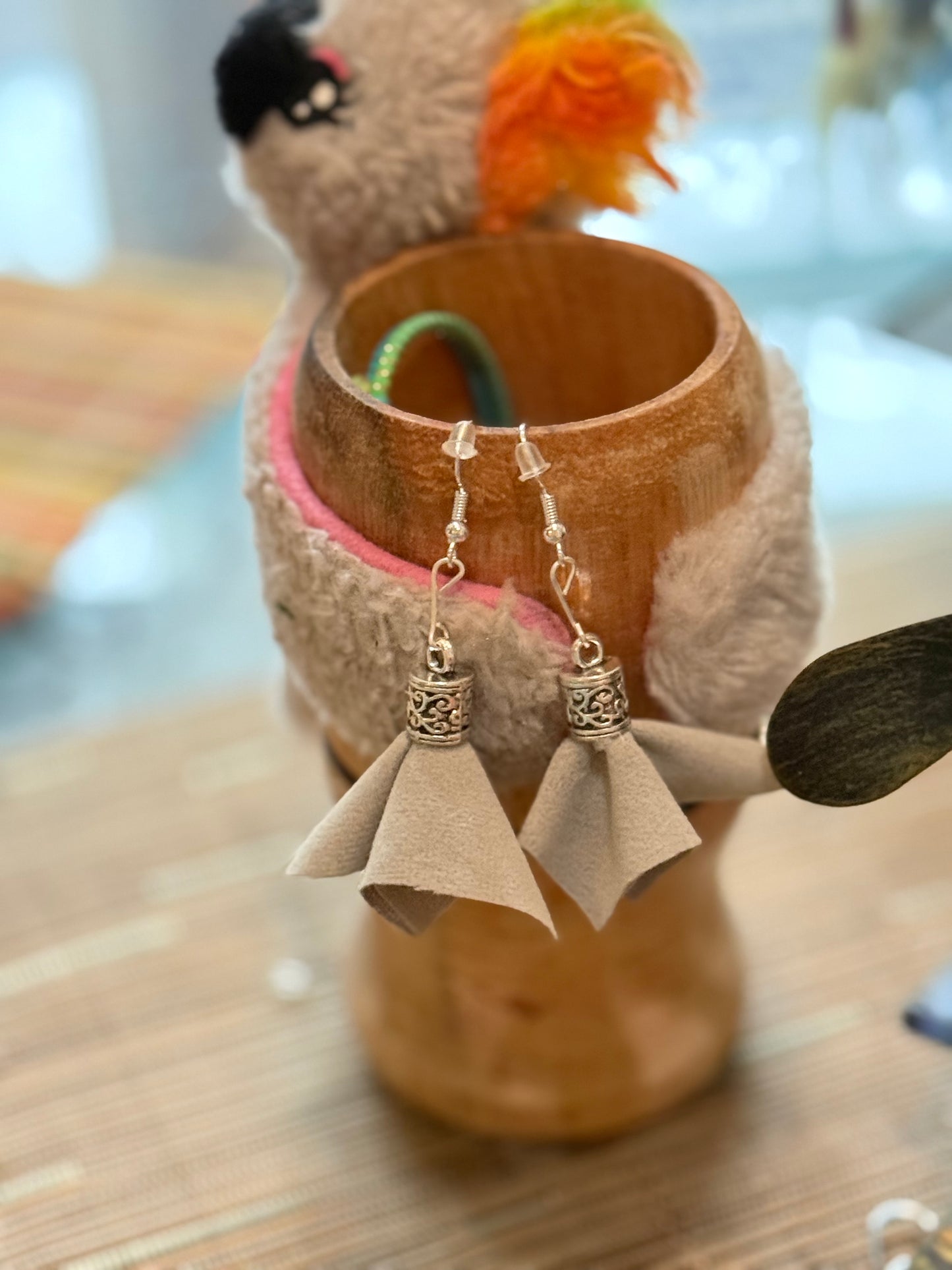 Fringe belief earrings: dancing, gray velvet