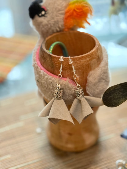 Fringe belief earrings: dancing, gray velvet