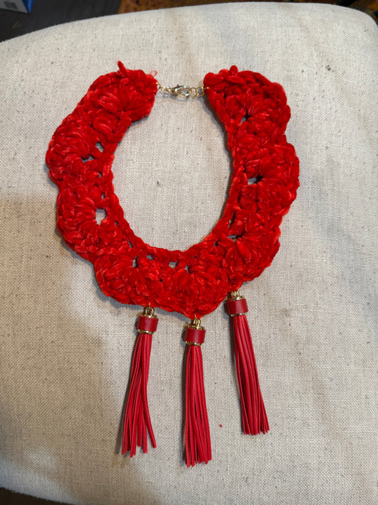 Fringe belief collar: red chenille and pleather tassels