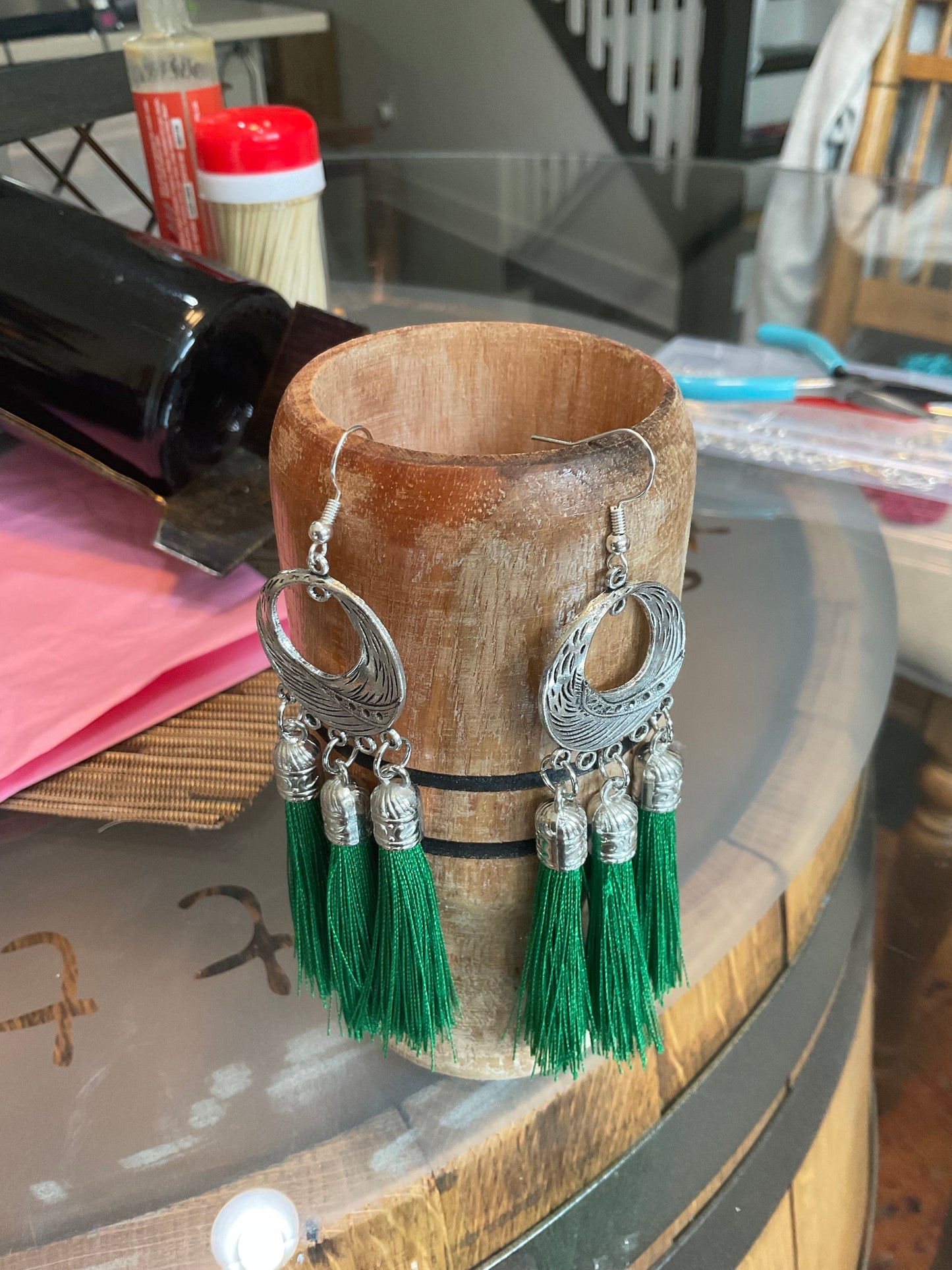 Fringe belief earrings: Green