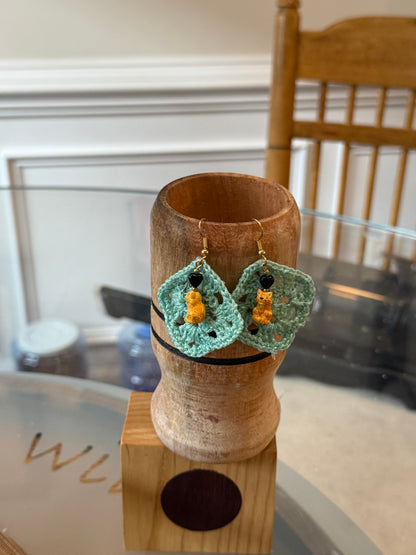 Not your granny square earrings—Guadalajara clay cat