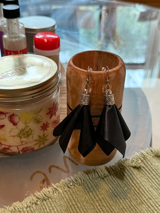 Fabric tassel earrings—black pleather tassels