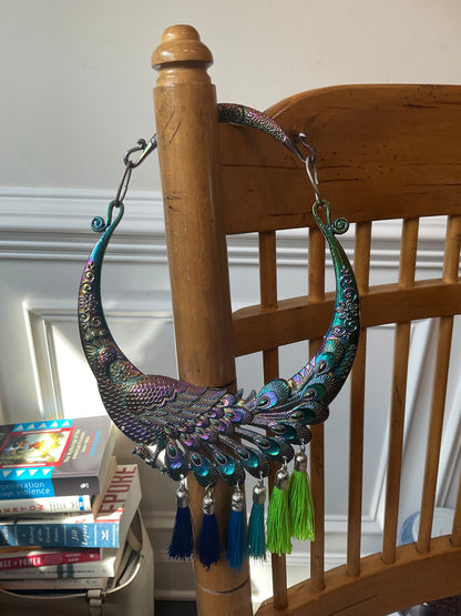 Metal Peacock with colorful fringe collar And matching earrings