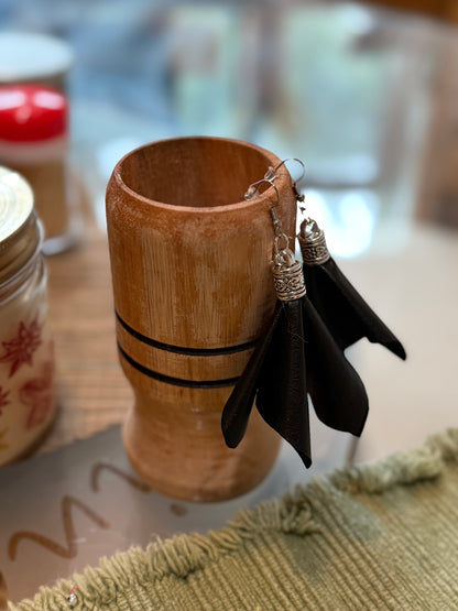 Fabric tassel earrings—black pleather tassels