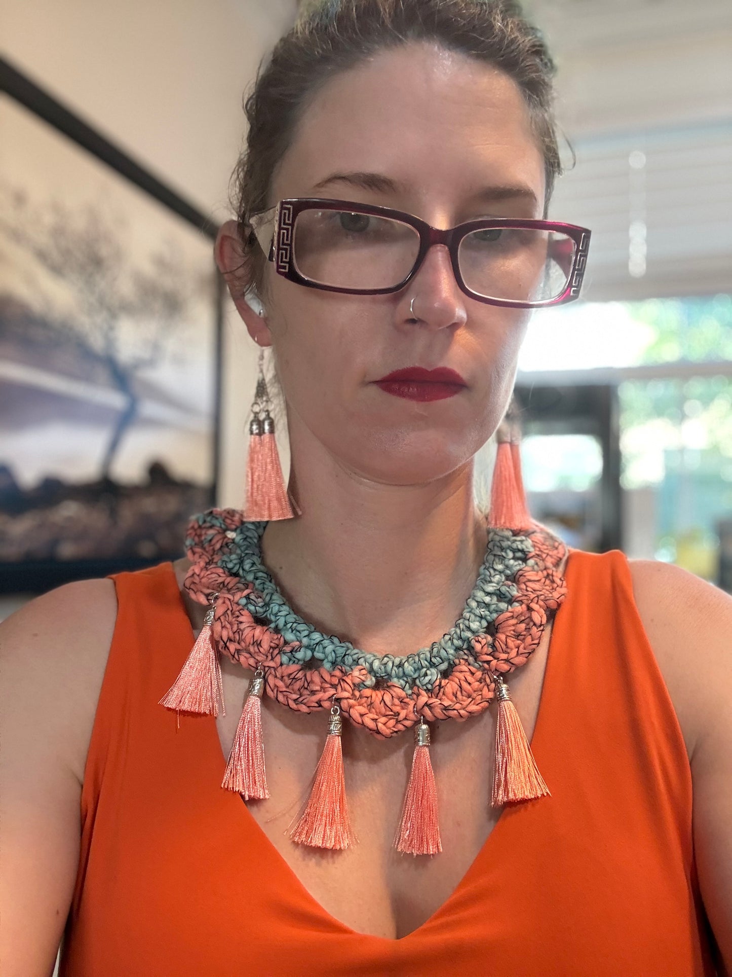 Fringe belief collar (18): Coral and Teal with earrings