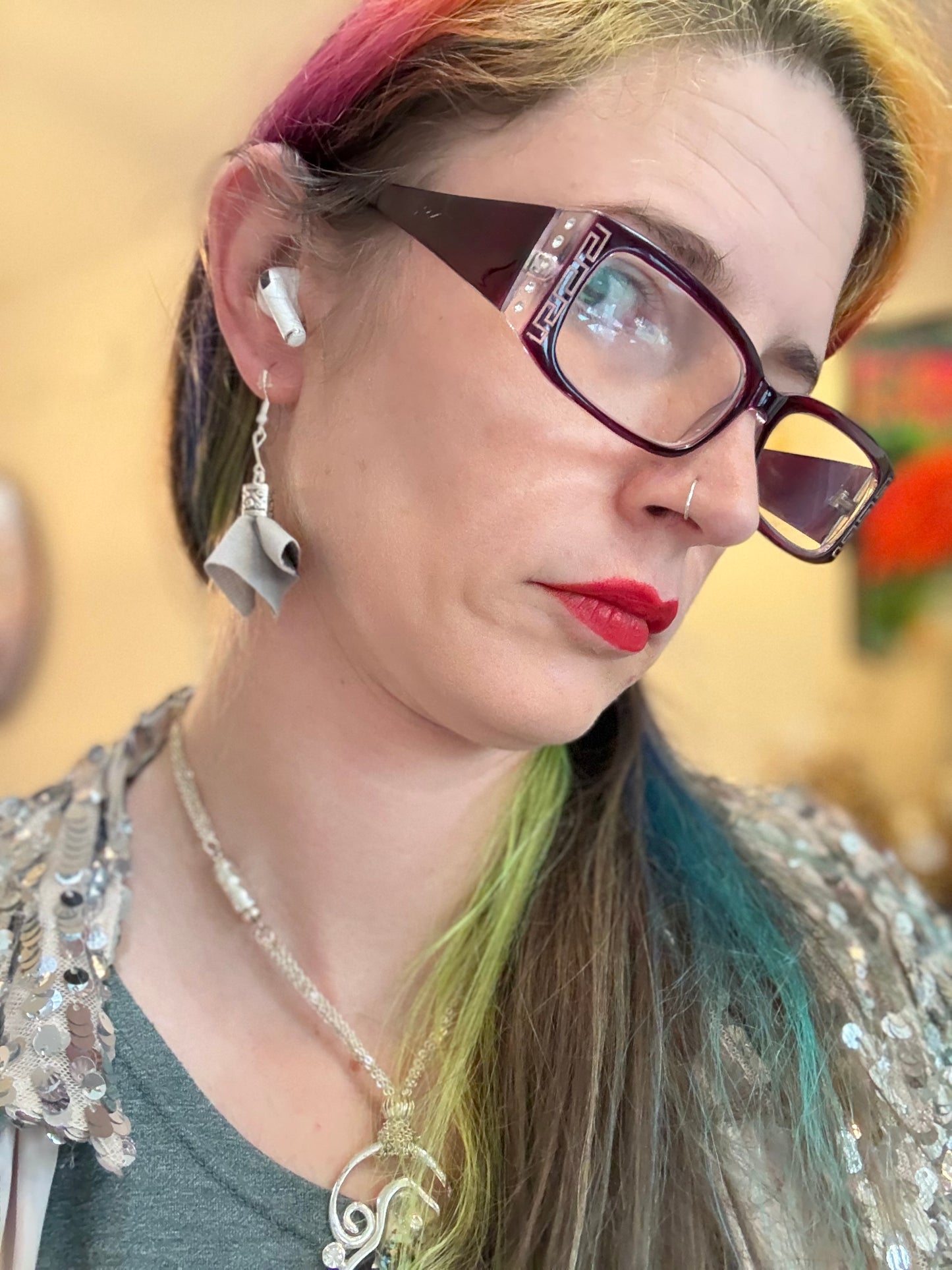 Fringe belief earrings: dancing, gray velvet