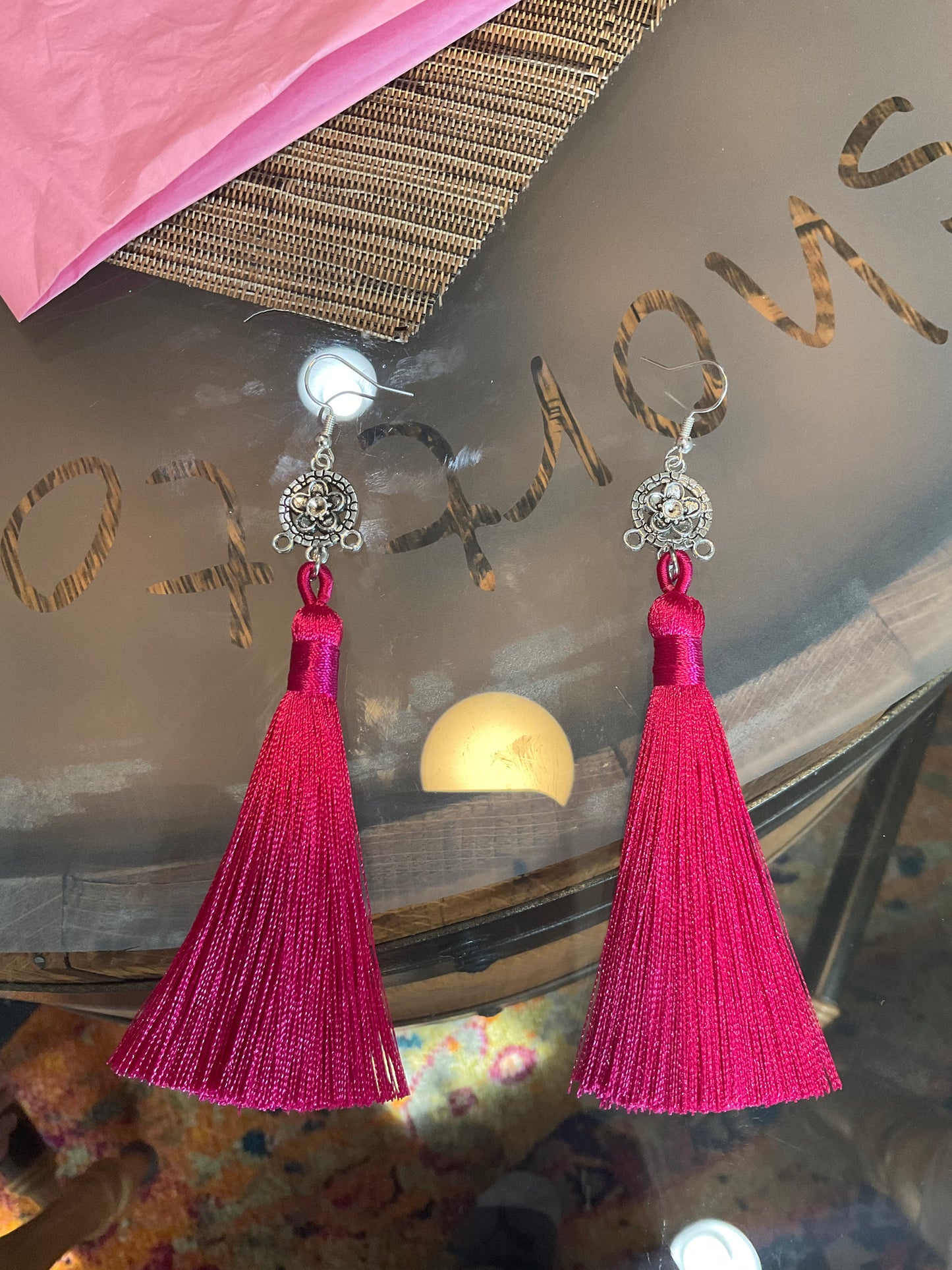 Fringe belief earrings: Pinkish red