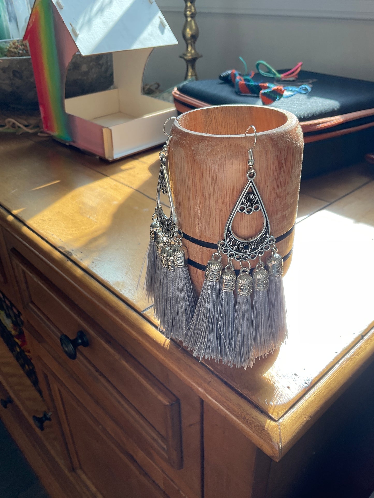 Fringe belief earrings: Gray
