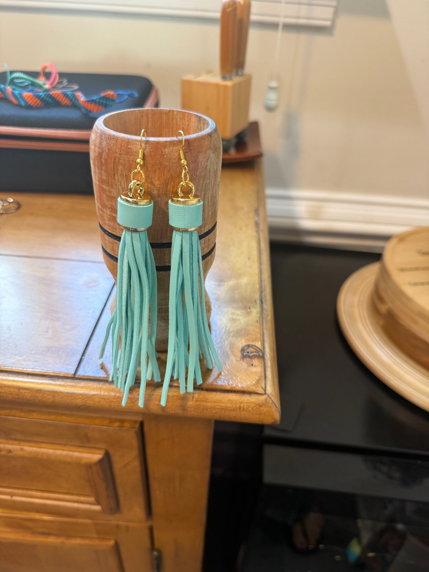 Fringe belief earrings: teal leather tassels