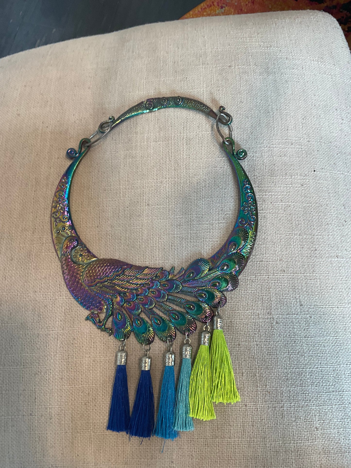 Metal Peacock with colorful fringe collar And matching earrings