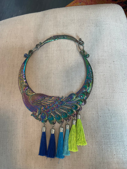 Metal Peacock with colorful fringe collar And matching earrings