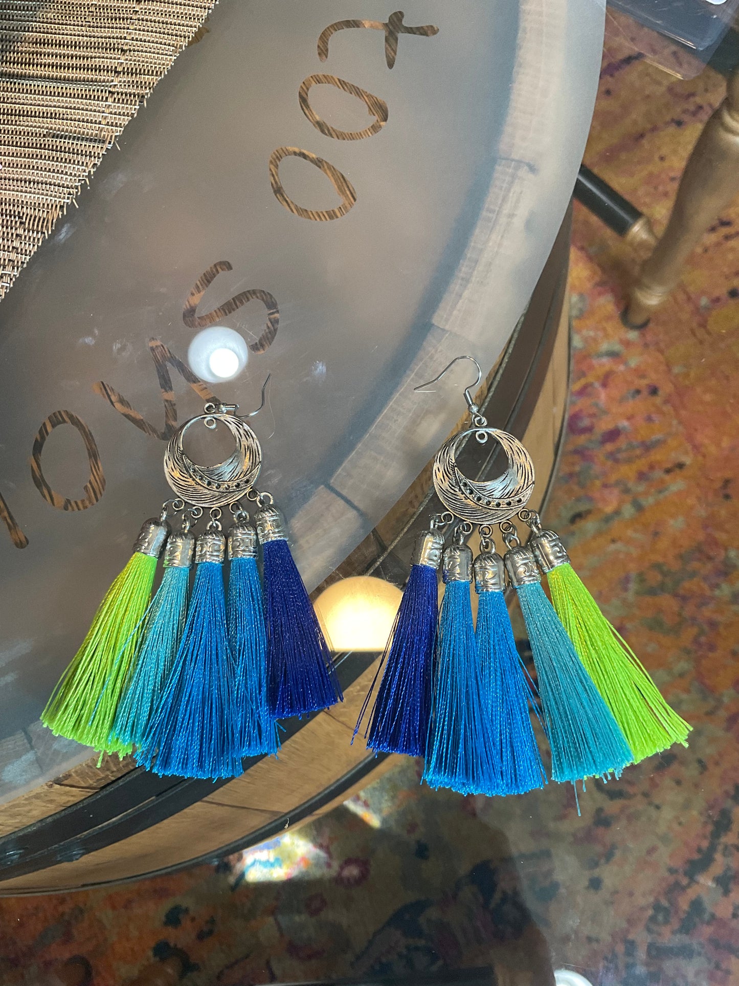 Metal Peacock with colorful fringe collar And matching earrings