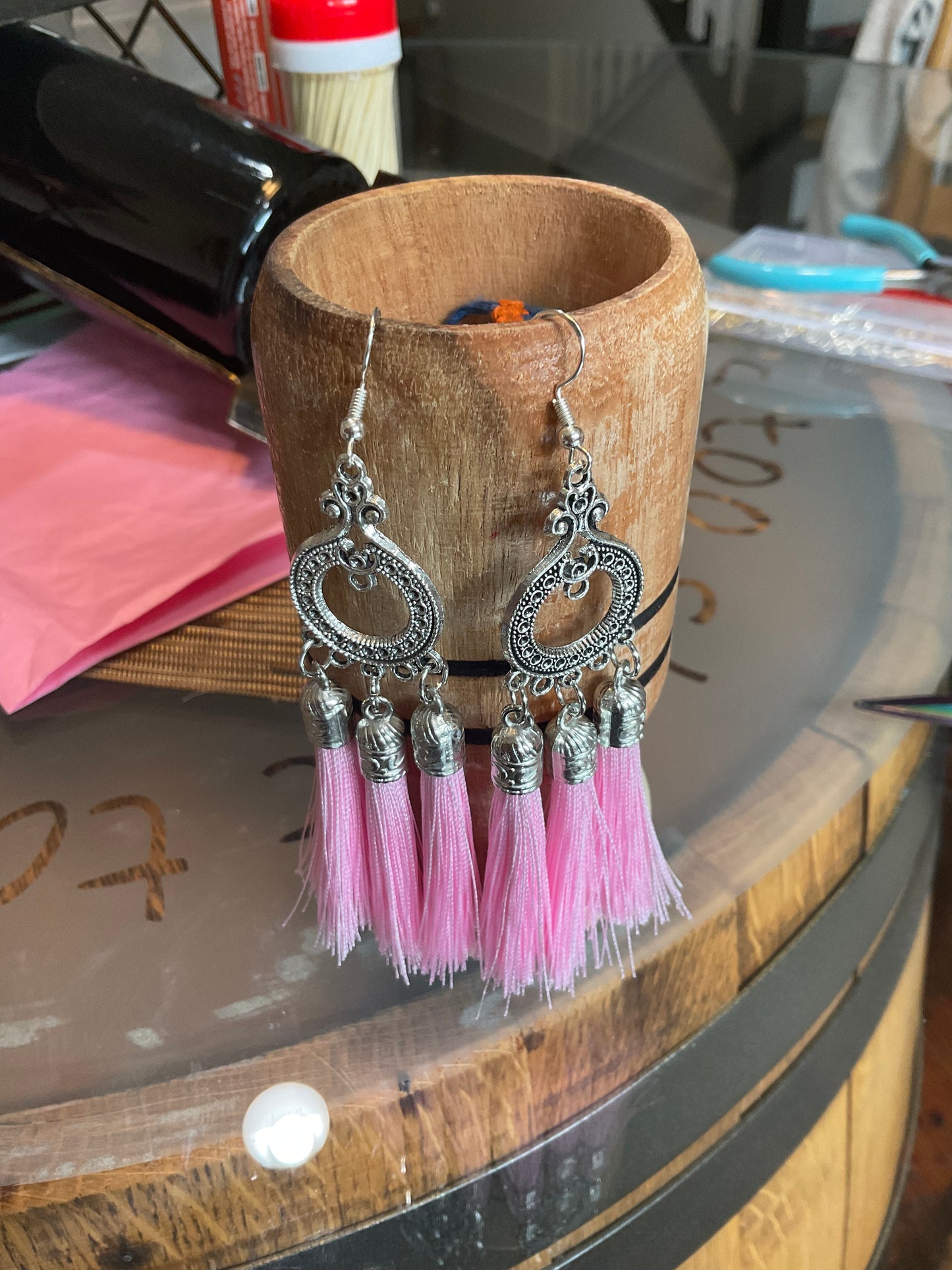 Fringe belief earrings: Pink