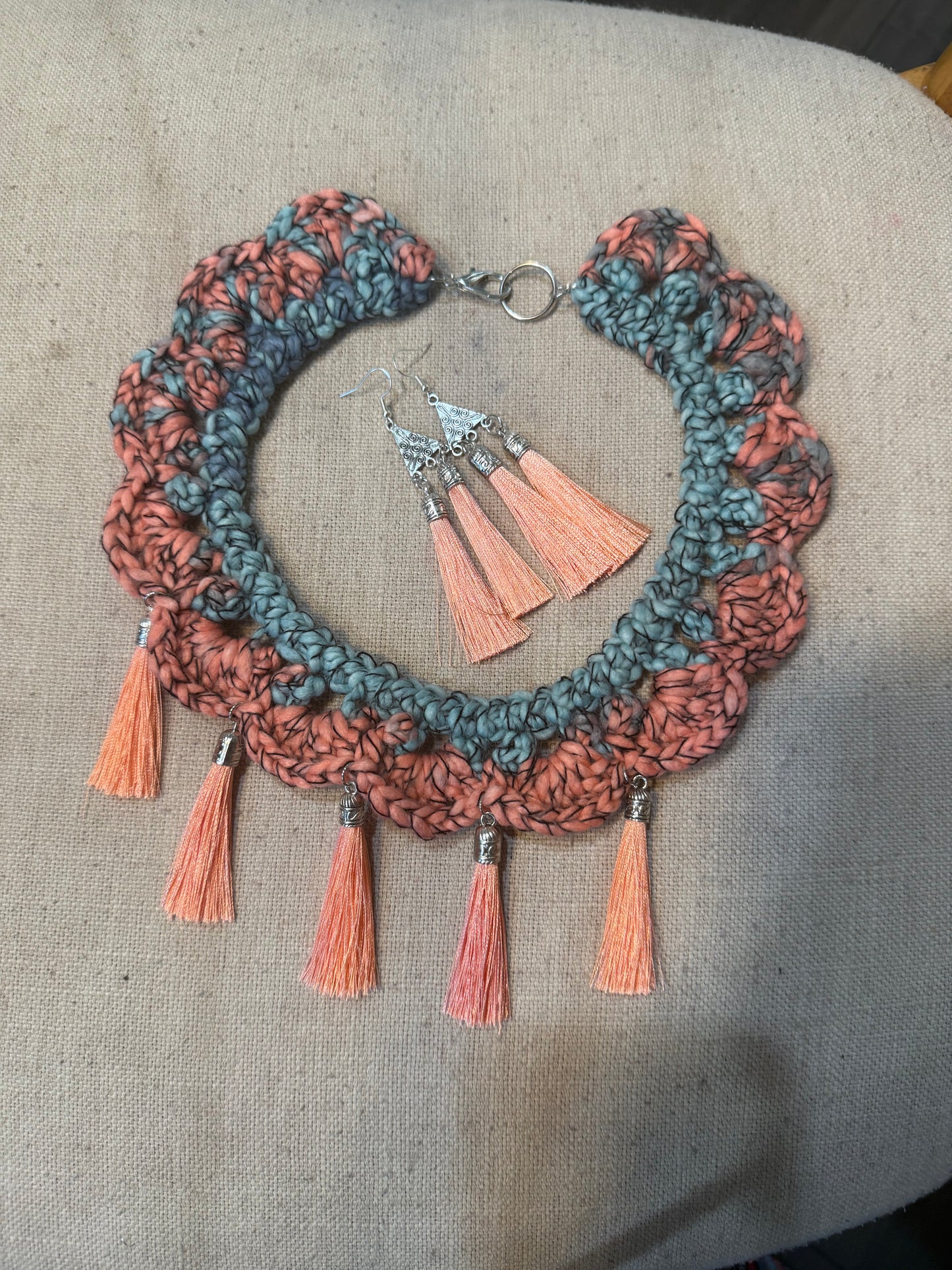 Fringe belief collar (18): Coral and Teal with earrings