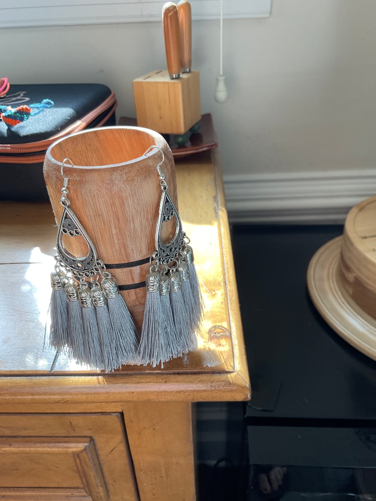 Fringe belief earrings: Gray