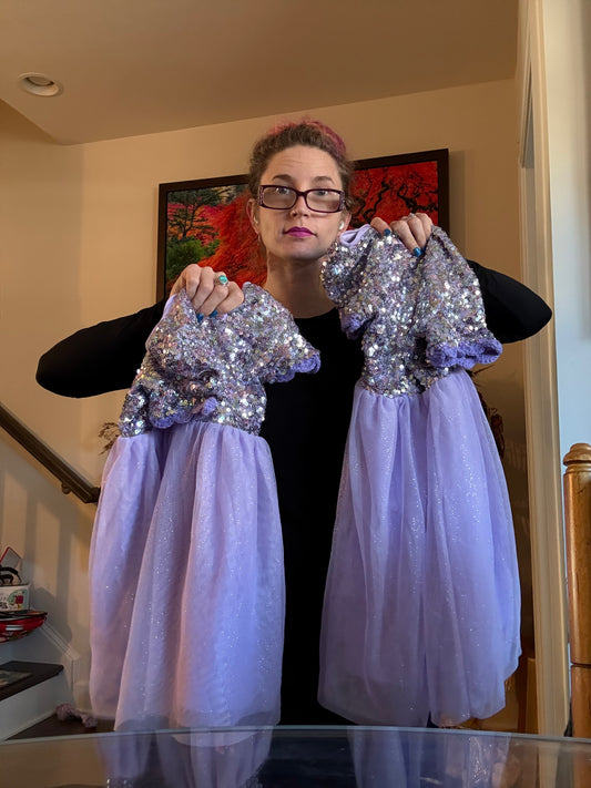 Matching kids’ dress with sequins and sleeve trim